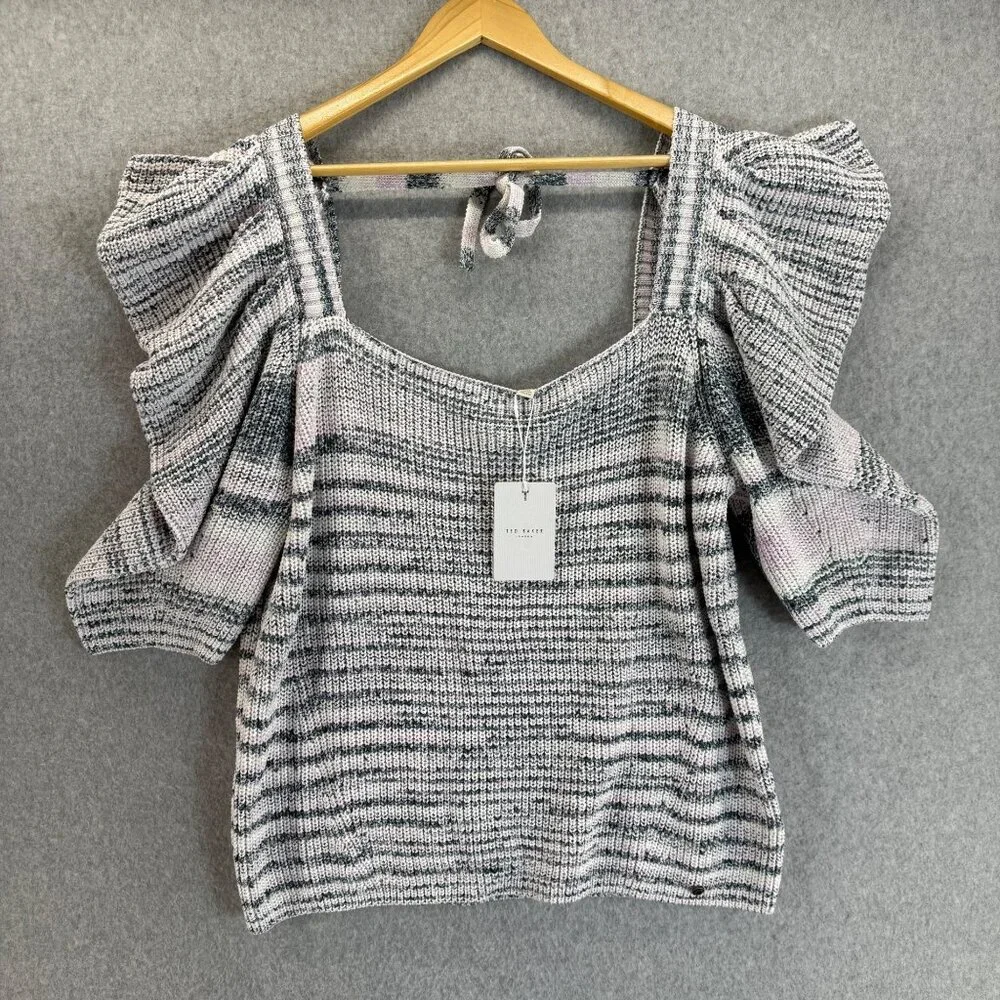 Ted Baker Aspel Puff Sleeve Marled Knit Sweater Tie Back Women Size 5‎ US 12 NWT